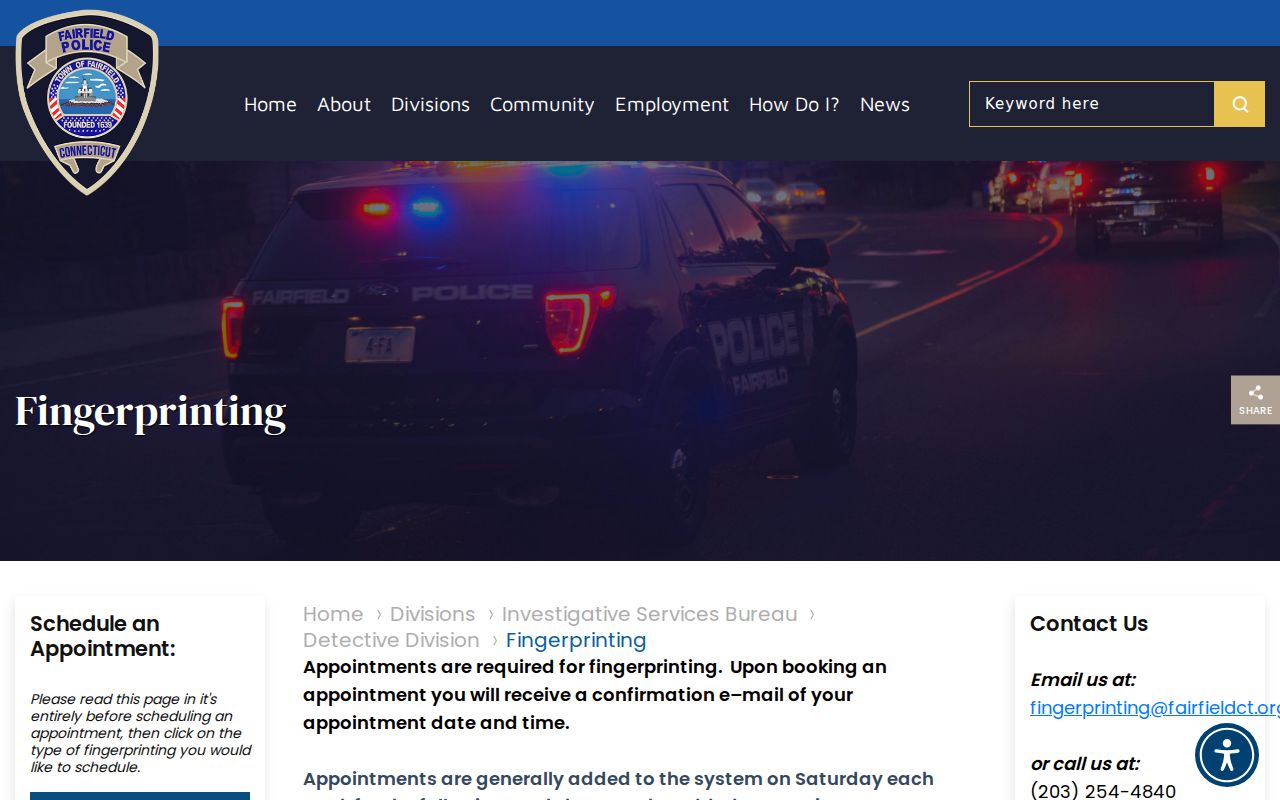 Fairfield criminal history fingerprint appointment options