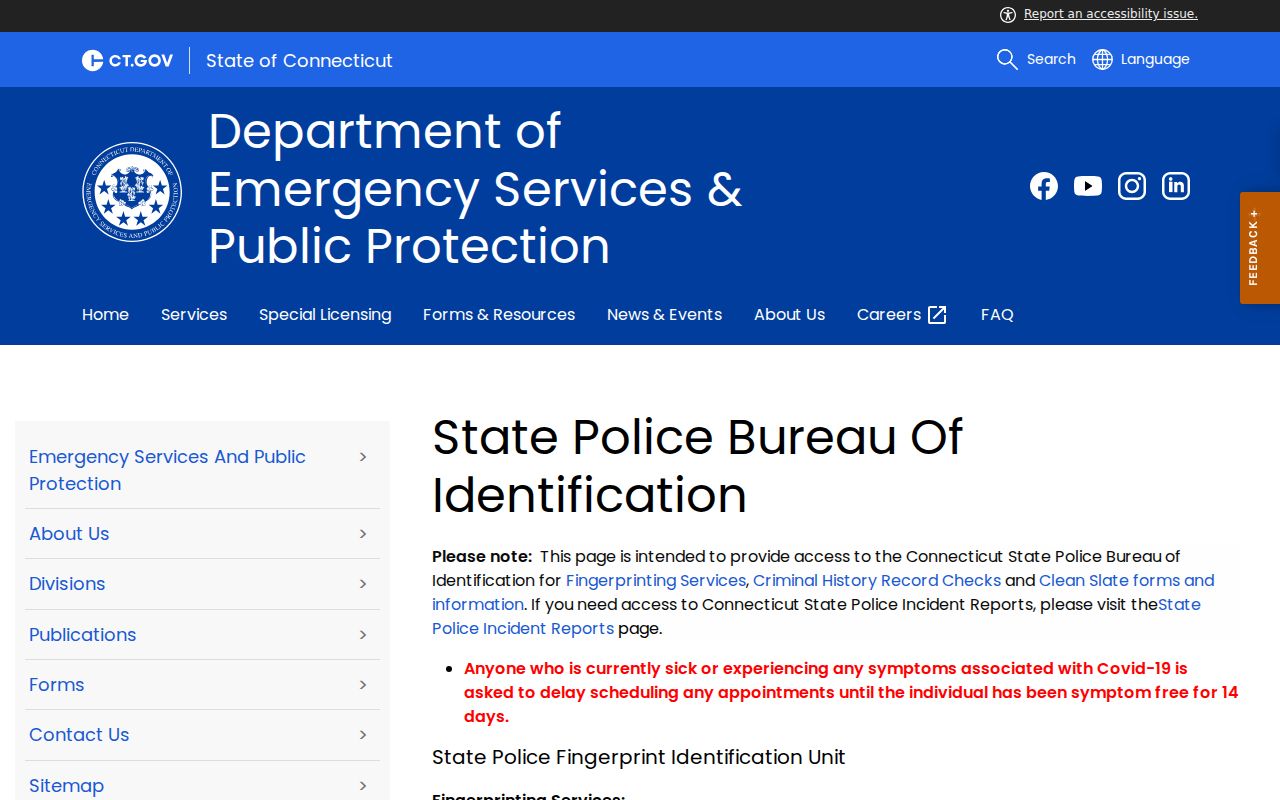 Fairfield criminal history options on the Connecticut SPBI page