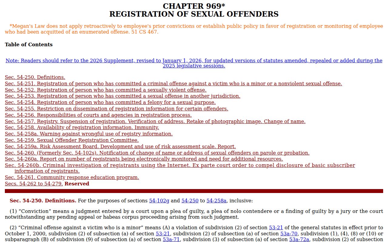 Connecticut sex offender registration statutes covering duration and misuse
